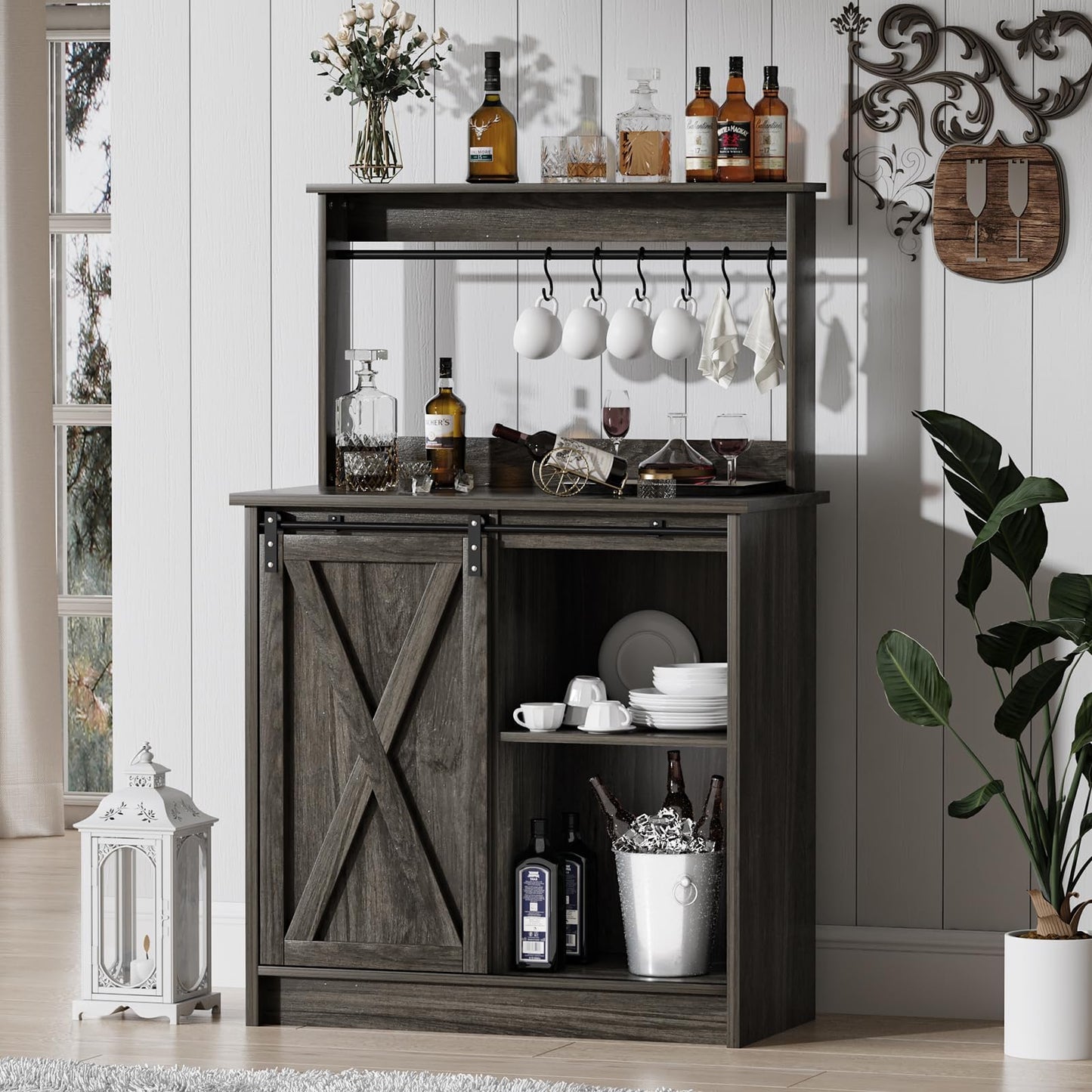 4ever2buy Farmhouse Coffee Bar Cabinet with Storage, Gray Coffee Bar with 6 Hooks, Coffee Bar Table with Sliding Barn Door, Wine Bar Cabinet with Adjustable Shelf for Living Dining Room