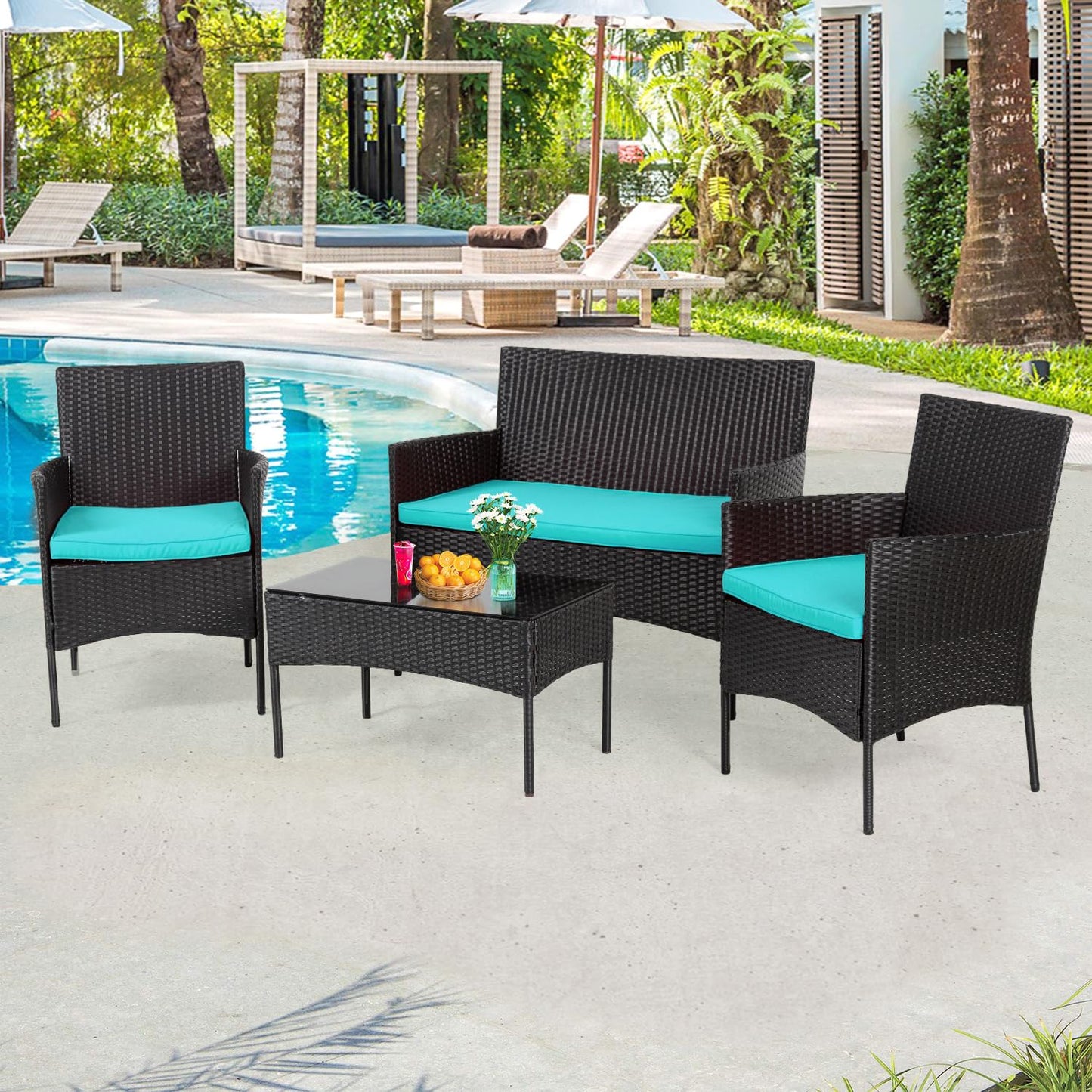 4 Pieces Conversation Set Modular Outdoor Furniture Set Water Resistant Patio Wicker Furniture Set with 3 Rattan Chairs 1 Tempered Glass Topped Table Seat Cushions for Patio Balcony Poolside, Blue