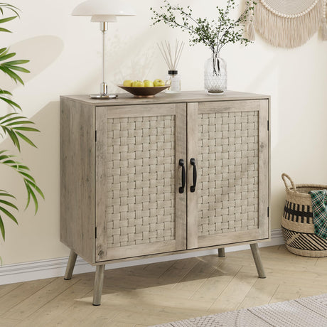 Smart FENDEE Farmhouse Sideboard Cabinet, Buffet Storage Cabinet with Handmade PVC Rattan Decor Doors & Adjustable Shelf, Wood Accent Table Coffee Station for Kitchen, Living Room, Entryway, Grey Oak Smart FENDEE