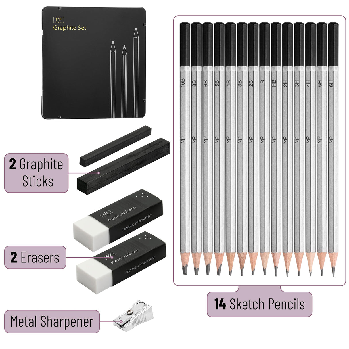 Mr. Pen- Sketch Pencils for Drawing, 19 Pcs, With Graphite Sticks, Erasers and Sharpener, Art Pencils for Sketching, Back to School Supplies Mr. Pen