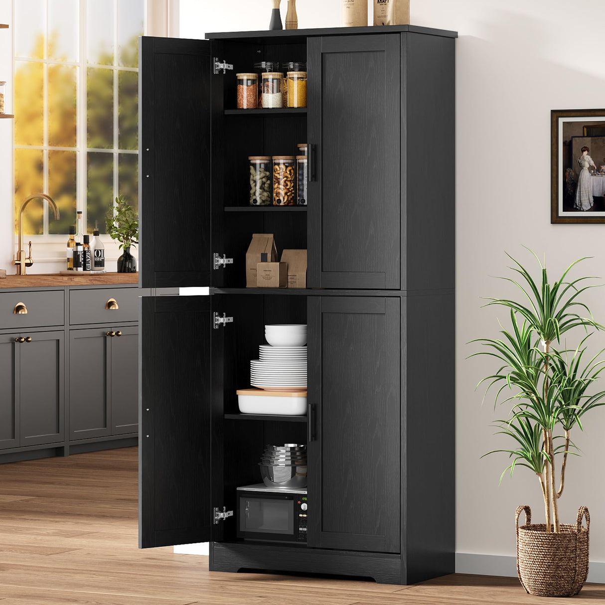 GarveeHome 70 in Tall Kitchen Pantry Cabinet, Freestanding Storage Cabinet with 4 Doors and Adjustable Shelves, Large Utility Hutch Cupboard for Dining Room, Bathroom, Living Room (Black) GarveeHome