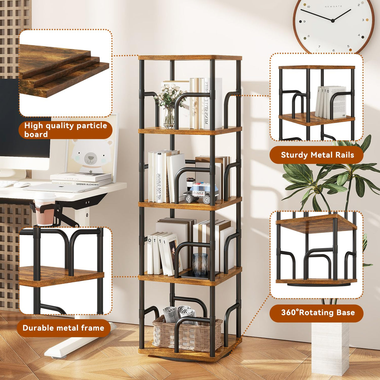 IBUYKE 5 Tier Square Rotating Bookshelf, 360° Spinning Bookcases Tower,Freestanding Corner Bookshelf with Rails,Industrial Swivel Bookcase Organizer for Bedroom, Living Room,Study,Brown,UTBC004H