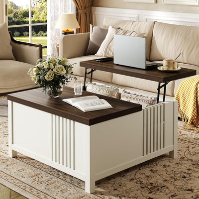 knoworld Farmhouse Lift Top Coffee Table with Storage, 35" Square Large Coffee Table with Hidden Compartment, Rustic Wood Center Table for Living Room, White