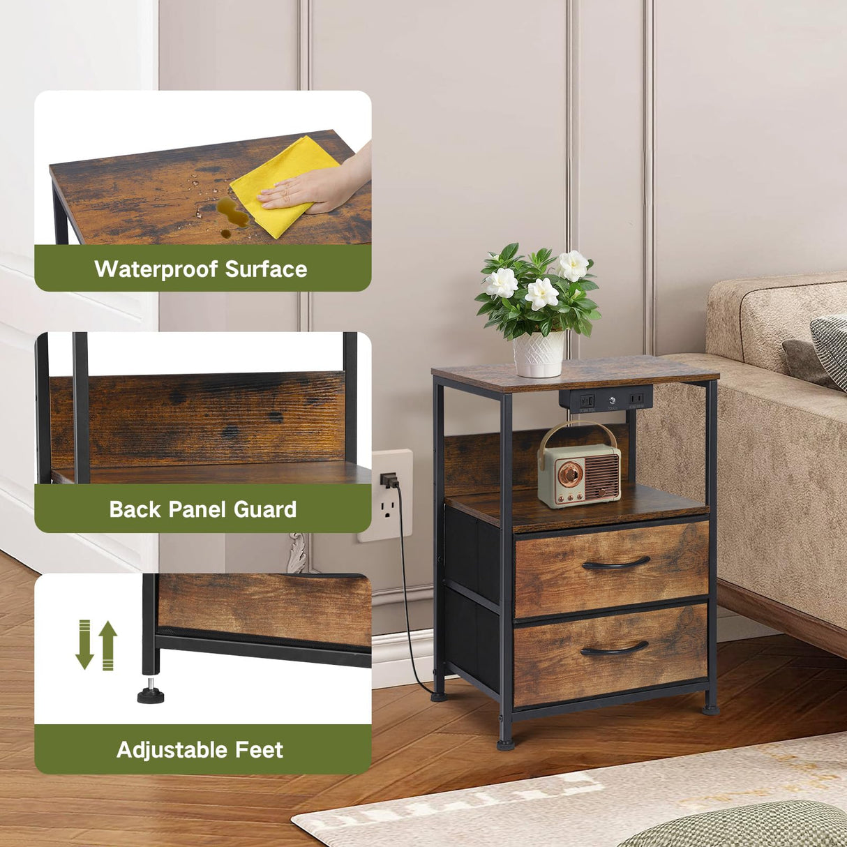 OUTONLIFE Nightstand with LED Dimmable Light & Charging Station, Narrow Bed Side Table with 2 Fabric Drawers, 2 USB Ports & AC Outlets, 3-Tier End Table with Storage Shelves for Bedroom, Living Room OUTONLIFE