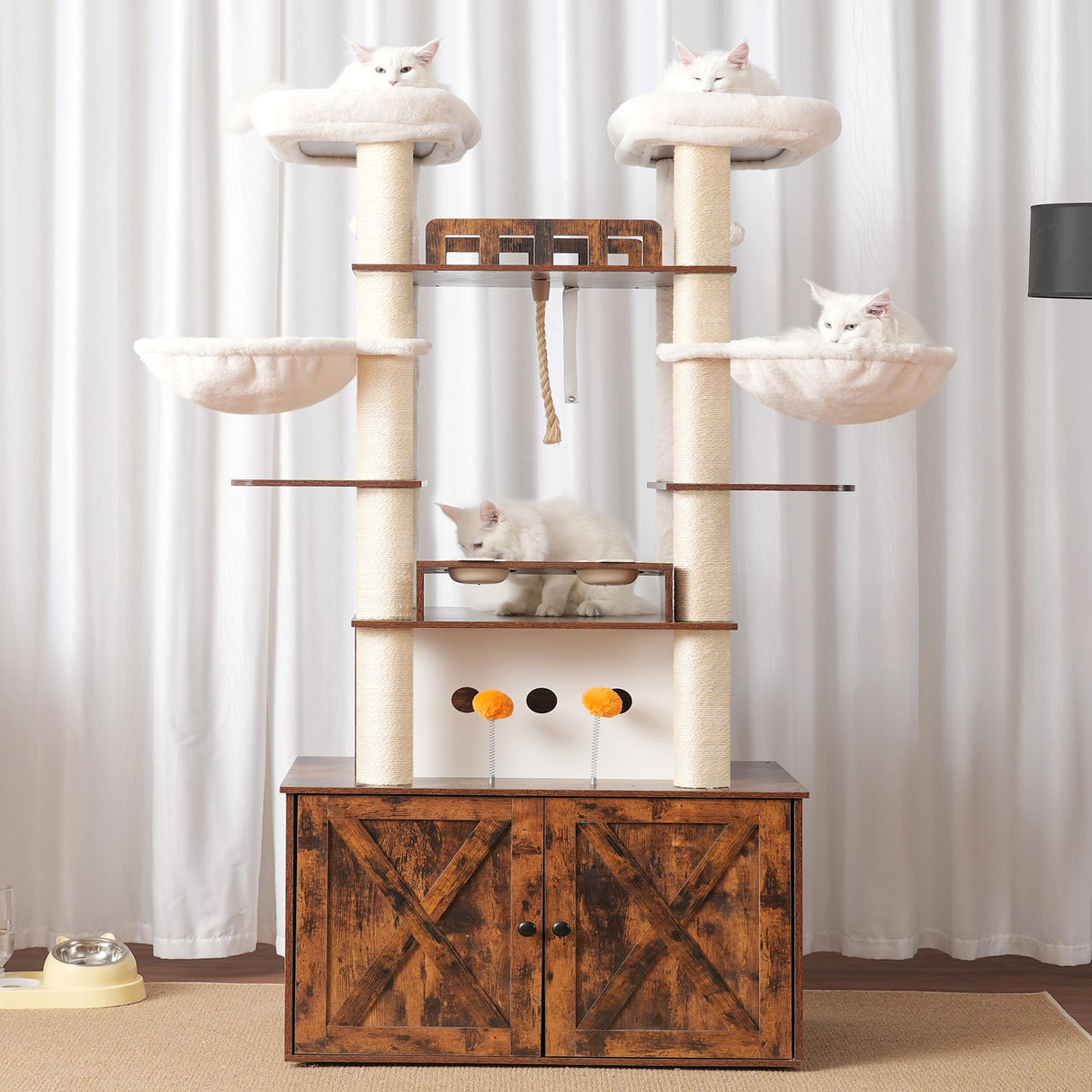 Heybly Cat Tree for Maine Coon with Litter Box Enclosure, 72-inch Wooden Cat Tower for Indoor Cats Large Adult, Big Condo with Food Station, Baskets, Furniture with All-sisal Scratching Post HCT112SR Heybly