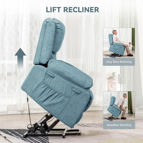 COMHOMA Electric Power Lift Chairs Recliners for Elderly,Recliner Chair with Massage and Heat,2 Side Pockets, Fabric(Blue) COMHOMA