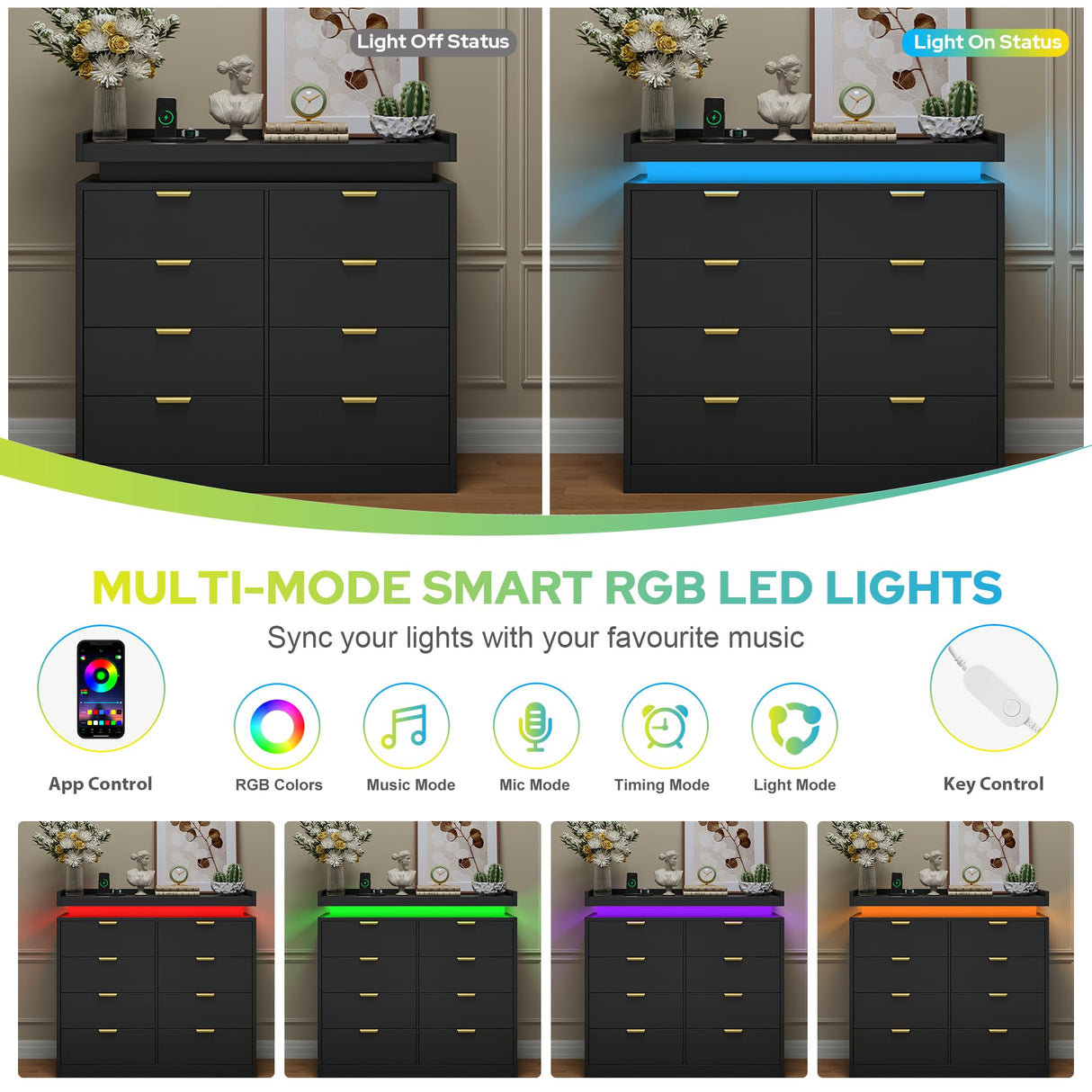 knoworld 8 Drawer Dresser for Bedroom, Black Dresser with LED Lights and Power Outlet, Large Wooden Dressers Modern Chest of Drawers, Double Wide 9 Drawer Dressers for Bedroom, Entryway, Hallway knoworld
