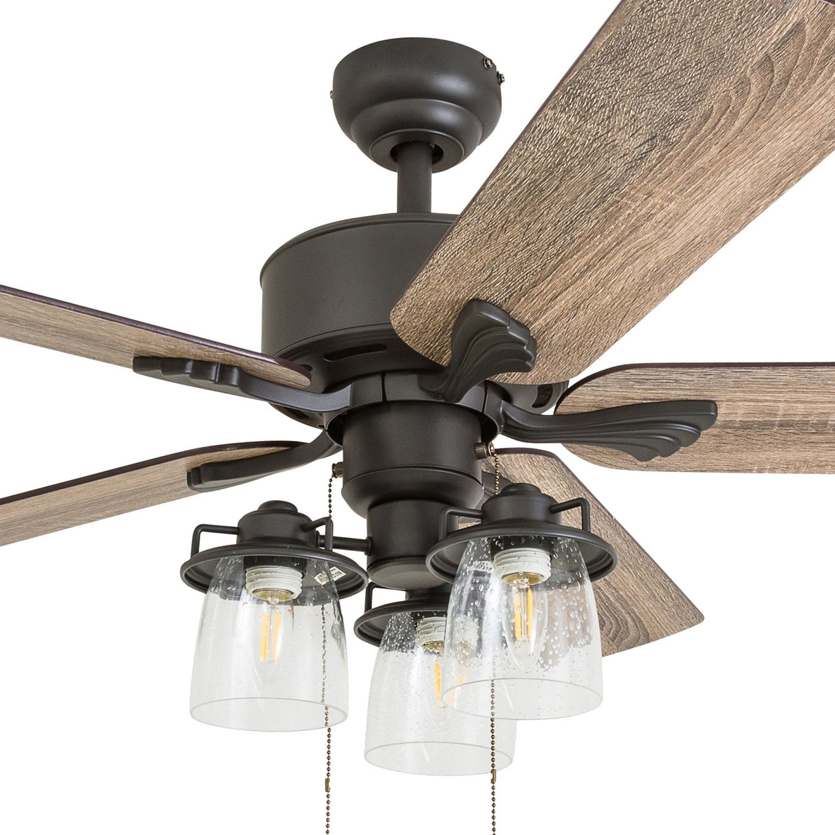 Prominence Home River Run, 52 Inch Farmhouse LED Ceiling Fan with Light, Pull Chain, Three Mounting Options, 5 Dual Finish Blades, Reversible Motor - 50566-01 (Bronze) Prominence Home