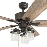 Prominence Home River Run, 52 Inch Farmhouse LED Ceiling Fan with Light, Pull Chain, Three Mounting Options, 5 Dual Finish Blades, Reversible Motor - 50566-01 (Bronze) Prominence Home