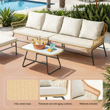 ONBRILL 4-Piece Outdoor Sectional Set, 4-Seats Wicker Patio Couch Sets with Cushion and Tempered Glass Coffee Table, L-Shaped, Olefin Fabric, Waterproof & UV Resistant, Beige ONBRILL