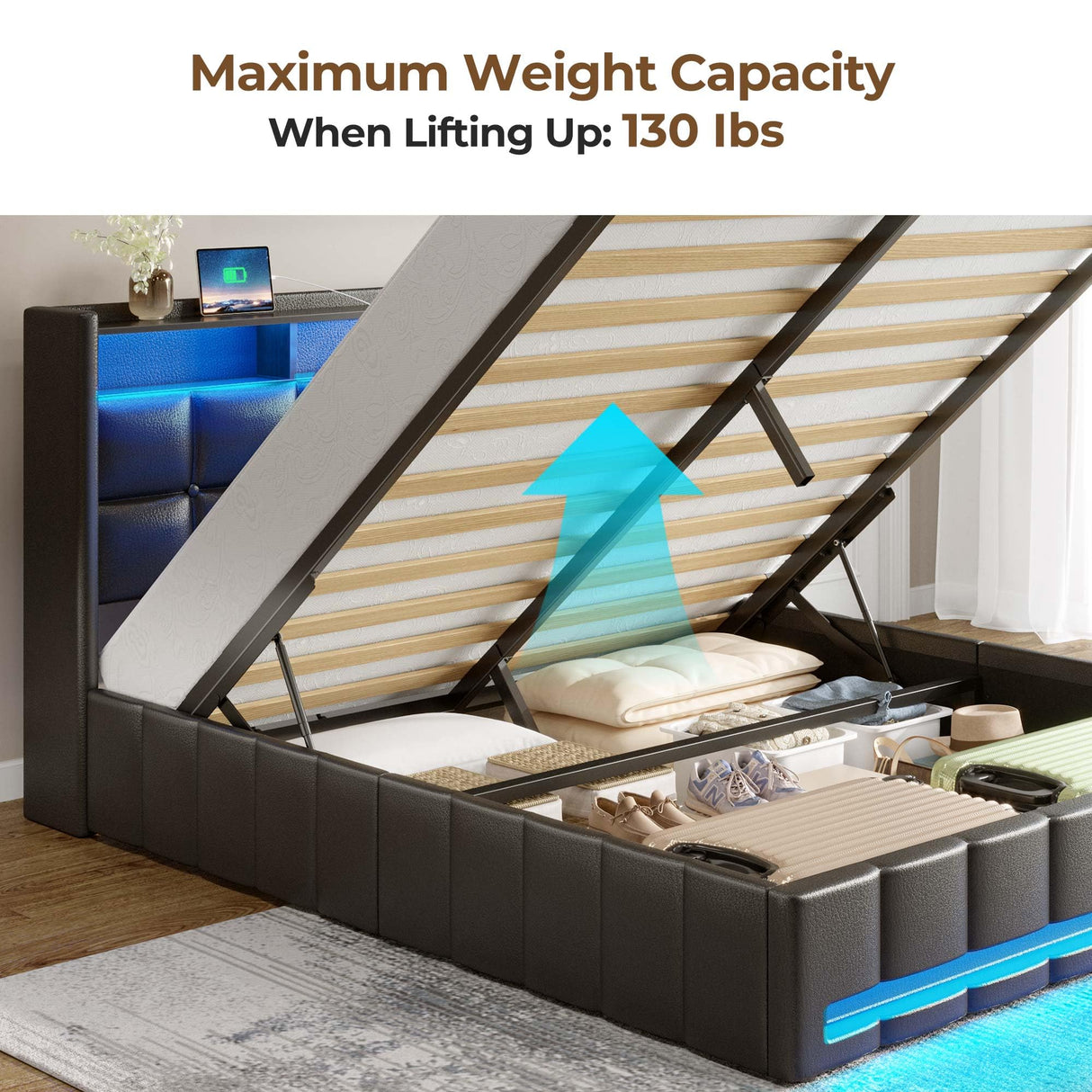 Rolanstar Bed Frame Full Size with Lift Up Storage, Charging Station & LED Lights, Upholstered Storage Headboard, Heavy Duty Wooden Slats, No Box Spring Needed, Noise Free, Easy Assembly, Black Rolanstar