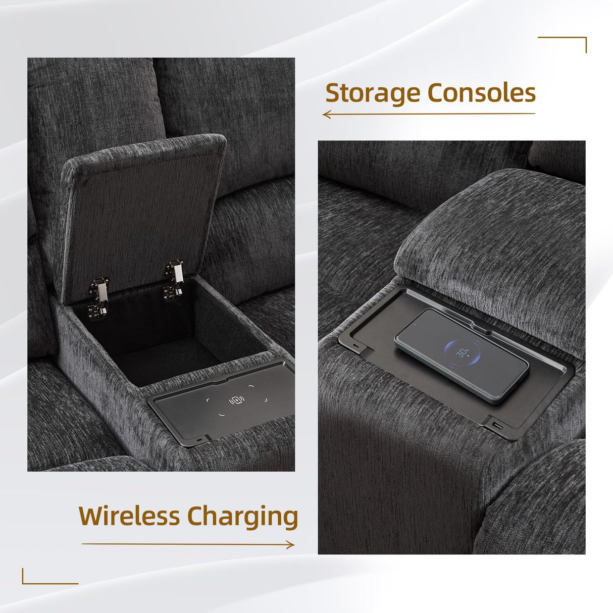 Oversized Power Reclining Sectional Sofa with Wireless Charging, Modern Electric Recliner 5 Seater Sofa, Family-Sized Sectional Corner Couch with USB Charging, Thickened Padding, Sturdy Frame, Grey TODRANI