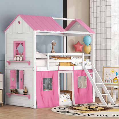 Harper & Bright Designs House Twin Loft Bunk Bed with Tent, Kids Loft Bed with Ladders,Guardrail, Windows and Roof, Wood Twin Over Twin Playhouse Bunk Bed for Kids Teens Boys & Girls (Pink & White)