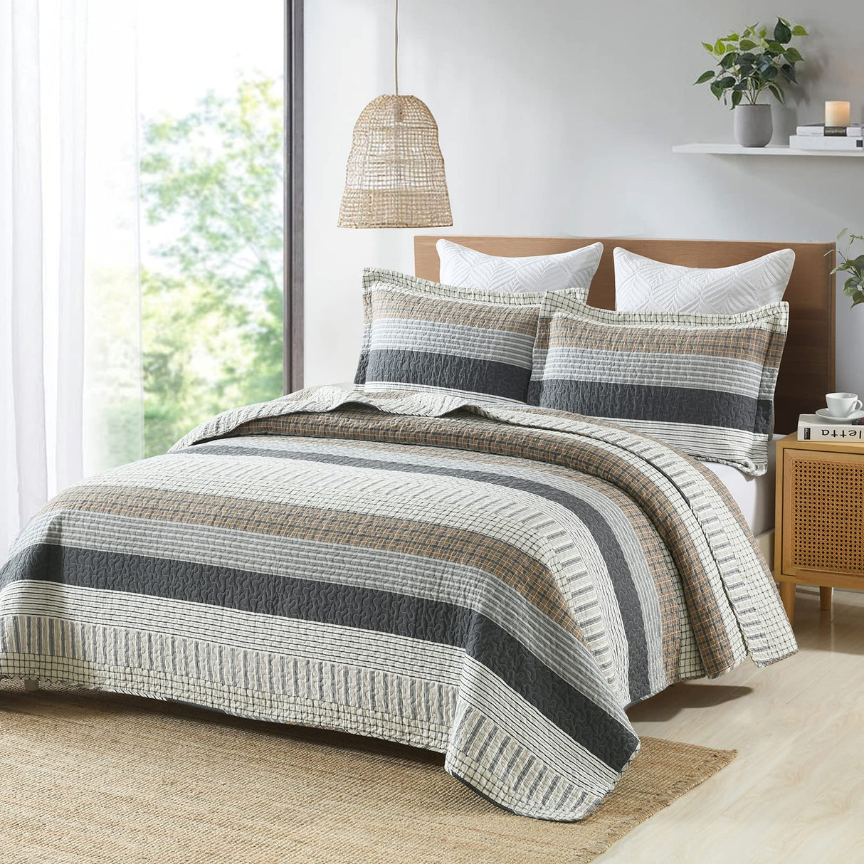 Finlonte Queen Size Quilt Set, 100% Cotton, Grey Striped Reversible Lightweight Soft Quilted Comforter Set for All Season, 3-Piece Finlonte