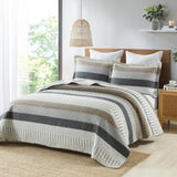 Finlonte Queen Size Quilt Set, 100% Cotton, Grey Striped Reversible Lightweight Soft Quilted Comforter Set for All Season, 3-Piece Finlonte