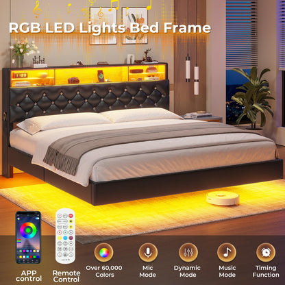 BTHFST King Size Floating Bed Frame with Hidden Storage, LED Lights, and Charging Station - WoodArtSupply