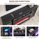 JXQTLINGMU Fireplace TV Stand for 80 Inch TV, Farmhouse Highboy Entertainment Center w/LED Lights & 36" Electric Fireplace, Large Media Console w/Glass Door Cabinet & Storage Drawer, Black JXQTLINGMU