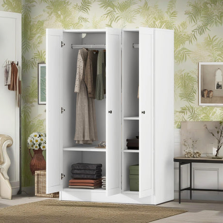 KELRIA Modern 3-Door Armoire Wardrobe with Shelves and Hanging Rod, Large Freestanding Storage Wardrobe Closet, Wooden Clothes Storage Organizer Cabinet for Bedroom, Guest Room, White KELRIA