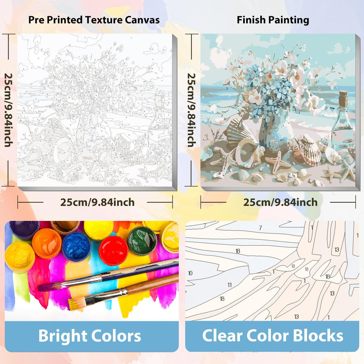 xcemhil Flower Paint by Numbers for Adults with Frame, Paint by Numbers Kit for Adults Beach, Framed Paint by Numbers Kit on Canvas for Gift Home Wall Decor 10x10 Inch xcemhil