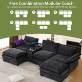 EYATZO 124" U Shaped Cloud Couch, Modular Sectional Sofa with Movable Ottomans, Modern Deep Seat Sofas for Living Room, Comfy Chenille Sectionals with Central Console & Bluetooth Speakers (Black) EYATZO