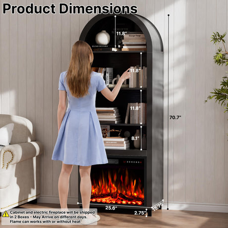 2-in-1 Arched Cabinet with Electric Fireplace–Black Bookcase, Open Book Shelf for Living Room, 71” Tall Wooden Display Cabinet, Kitchen Pantry, Adjustable Shelves, 23'' ETL-Certified Fireplace Insert BREEZEHEAT