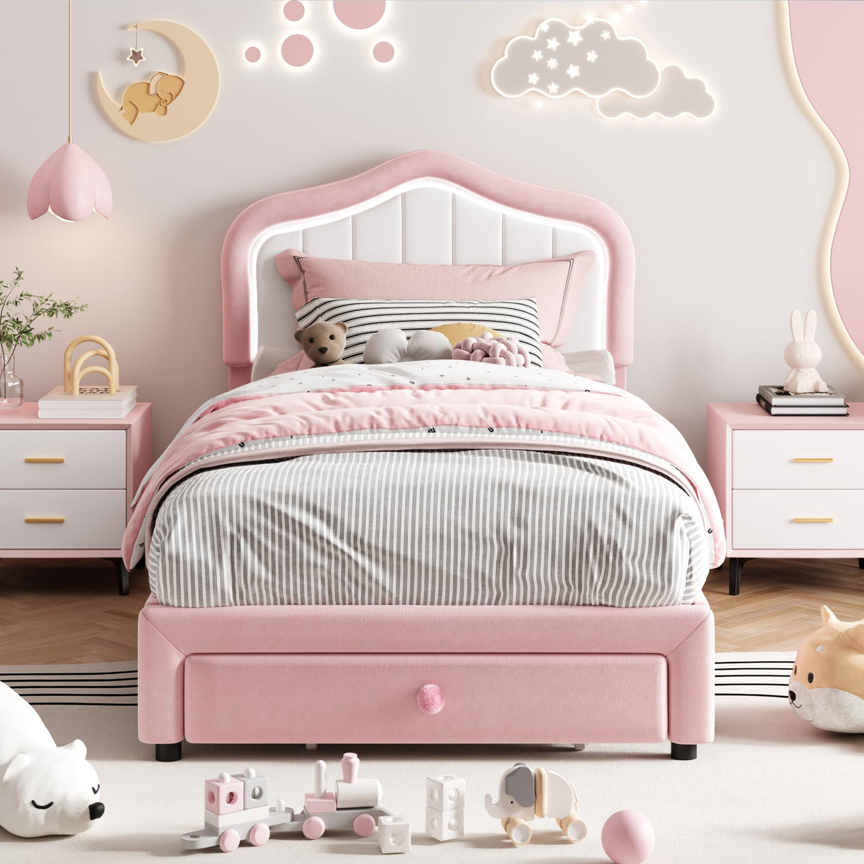 Twin Upholstered Bed Frame With Storage Drawer and Smart Led Headboard, Princess Twin Size Platform Bed Frames for Kids/Girls, Wooden Slats Support, No Box Spring Needed, Easy Assembly, Pink GarveeHome