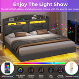 BTHFST King Size Floating Bed Frame with Power Outlet, Storage Headboard with Hidden Cubby, RGB Floating Platform Bed with LED Lights, No Box Spring Needed, Quick Setup System, Dark Grey BTHFST