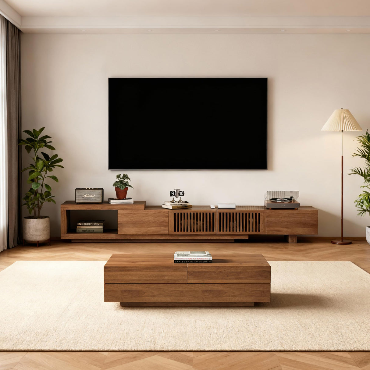Pajiasen Mid-Century Modern Farmhouse 47.2-81.8" Expandable Coffee Table，Adjustable Center Table with Large Storage for Living Room, Walnut Pajiasen