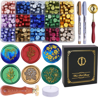 SWANGSA Botanical Flower Wax Seal Stamp Kit with 450pcs Sealing Wax Beads, 2 Pens and Spoon for Wedding, Invitations, Cards, Envelope, Christmas