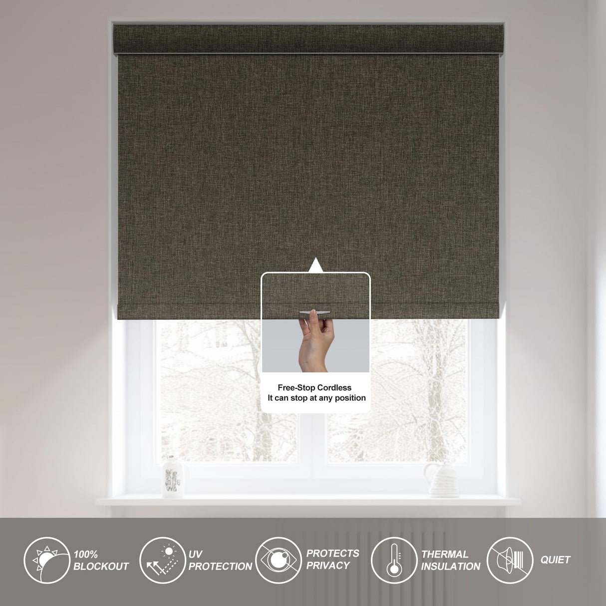 Boolegon Blackout Roller Shades for Windows,Cordless,Linen Fabric,Roller Blinds,Thermal Insulated Fabric UV Protection,Window Shades for Home,Office,Bedroom,Door,Blackout-Brown,Custom Size Boolegon