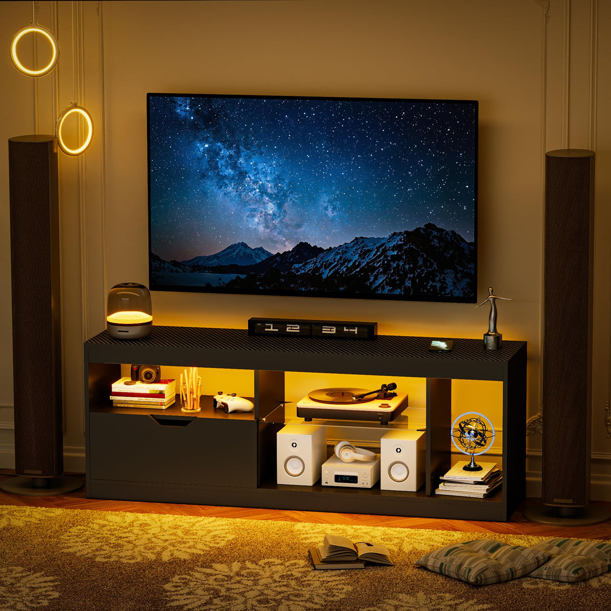 Homall LED TV Stand Mount for 65 inch, Modern Entertainment Center with LED Lights & High Glossy Cabinets, TV Cabinet Console Table with Drawer, Glass Shelves, Dynamic RGB Modes for Living Room, Black Homall