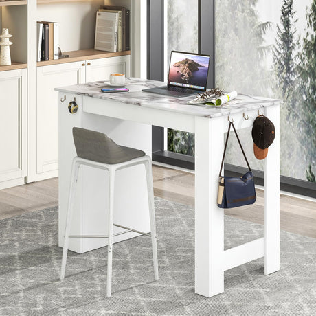 Giantex Bar Table, 47” Counter Height Dining Table with 7 Hanging Hooks, Compartment, Cabinet & Adjustable Shelf, High Top Table, Faux Marble Pub Table for Kitchen Breakfast Nook Small Space, White Giantex