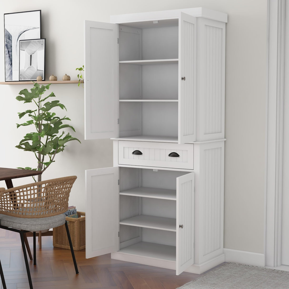 RASOO 72" Pantry Cabinets Freestanding Food Kitchen Pantry Storage Cabinet Cupboard with Drawer and Adjustable Shelves，White (Vertical bar Drawing Slot) RASOO