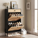 IRONCK Shoe Cabinet with 2 Flip Drawers, Shoe Storage Cabinet for Entryway, Free Standing Shoe Storage Organizer with Rattan Doors Slim Narrow Shoe Rack Cabinet, Black IRONCK