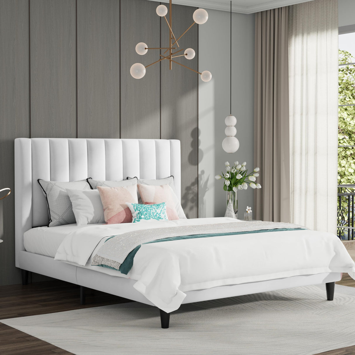 SHA CERLIN Full Bed Frame/Velvet Upholstered Platform Bed Frame with Headboard/Strong Wood Slats Support/Mattress Foundation/No Box Spring Needed/Easy Assembly/White SHA CERLIN