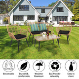 VINGLI 4 Pieces Outdoor Furniture Set Wicker, Rattan Patio Conversation Set with Cushions and Glass Coffee Table, Outdoor Sectional Sofa Set for Garden, Backyard, Poolside VINGLI