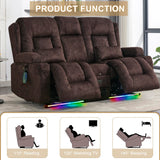 URRED Power Loveseat Recliner Sofa, Velvet Fabric Home Theater Seating with LED Ambient Light, Double Recliner RV Sofa with Flipped Middle Backrest/Bluetooth Speakers/USB/Built-in Outlets, Brown URRED