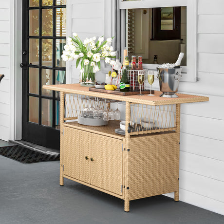 YITAHOME XL Outdoor Storage Cabinet Patio Wicker Bar Table w/Plastic Wood Tabletop, Wine Glass Holders and Built-in Bottle Opener, Light Brown YITAHOME