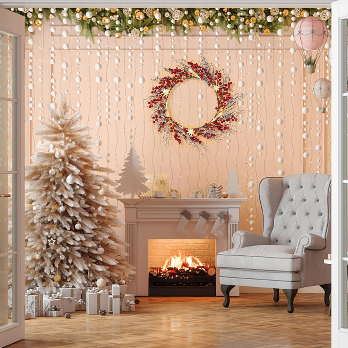 DR.DUDU 22 Inches Lighted Christmas Wreath for Front Door, Battery Operated Red Berry Artificial Wreaths with Light up Snowflakes Ornaments, Christmas Decorations for Home Mantle Holiday Party DR.DUDU