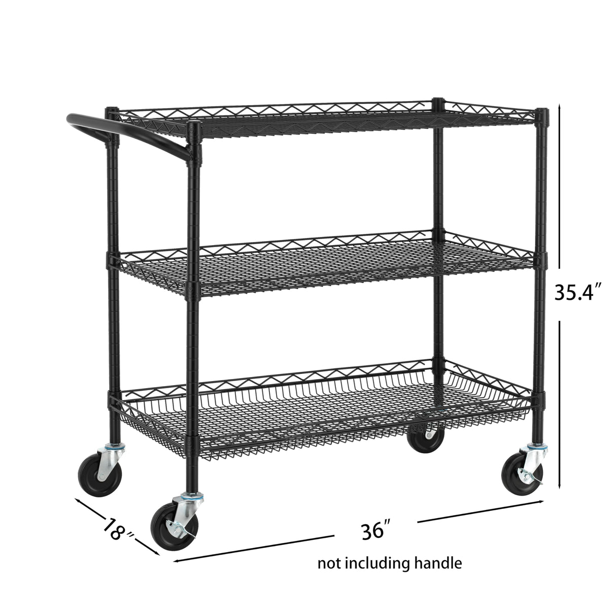 Finnhomy 3 Tier Heavy Duty Commercial Grade Utility Cart, Wire Rolling Cart with Handle Bar, Steel Service Cart with Wheels, Kitchen Carts on Wheels, Metal Cart Shelf Size 18" D x 36" W, NSF, Black Finnhomy