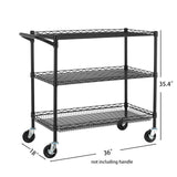 Finnhomy 3 Tier Heavy Duty Commercial Grade Utility Cart, Wire Rolling Cart with Handle Bar, Steel Service Cart with Wheels, Kitchen Carts on Wheels, Metal Cart Shelf Size 18" D x 36" W, NSF, Black Finnhomy