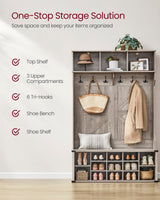 VASAGLE Hall Tree with Bench and Shoe Storage, Coat Rack with Shoe Bench, Entryway Furniture, 16 Open Compartments & Adjustable Shelf, 6 Tri-Hooks, Farmhouse Wooden Style, Heather Greige VASAGLE