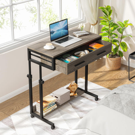 Tribesigns Portable Desk with Drawers, Mobile Laptop Desk with Wheels, Couch Desk Sofa Side Table Bed Desk, Small Standing Desk for Home Office (Retro Grey) Tribesigns