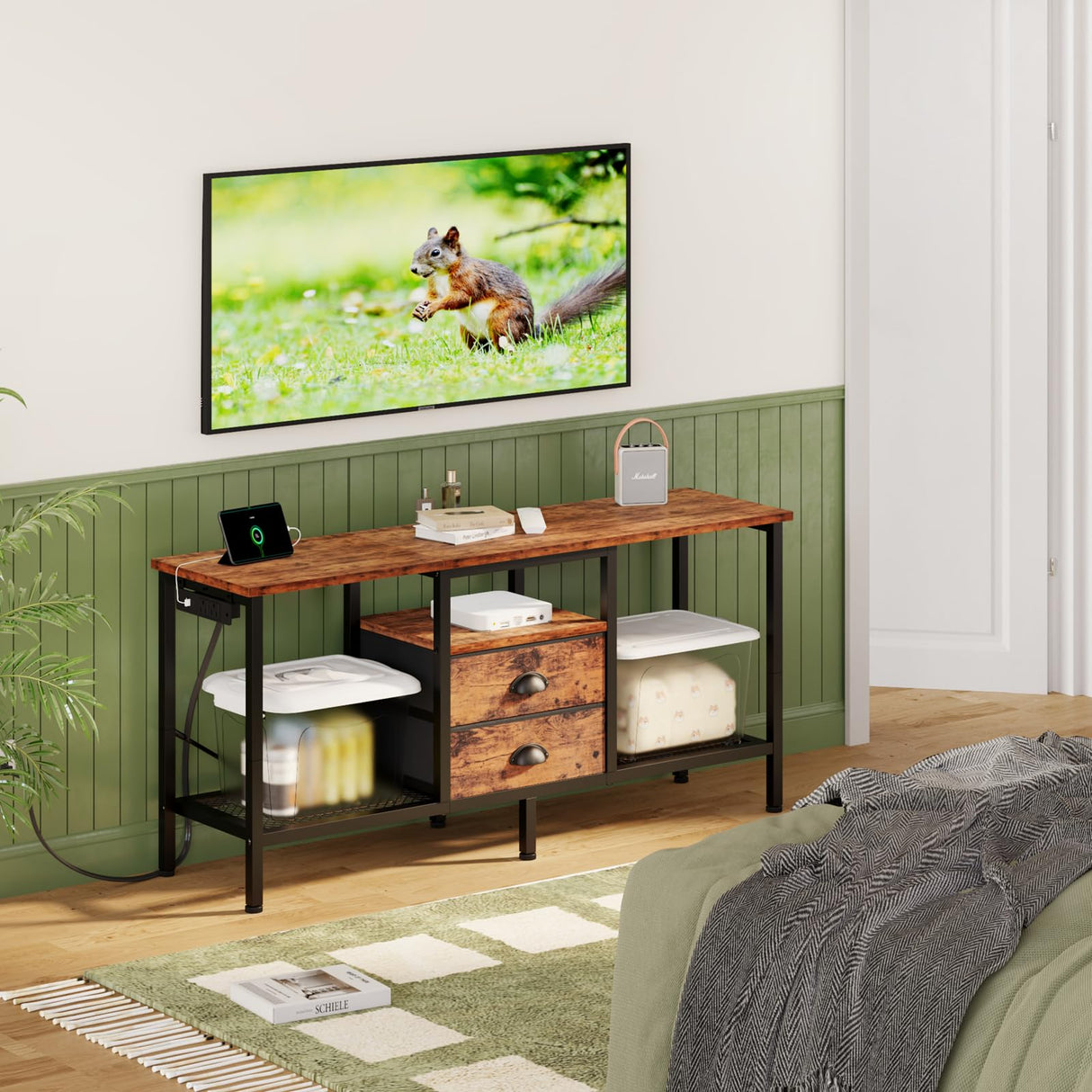 Furologee TV Stand with Power Outlets and 2 Fabric Drawers, 42 Inch Small Entertainment Center with Open Storage Shelves, Simple TV Console Table for Bedroom, Living Room, Rustic Brown Furologee