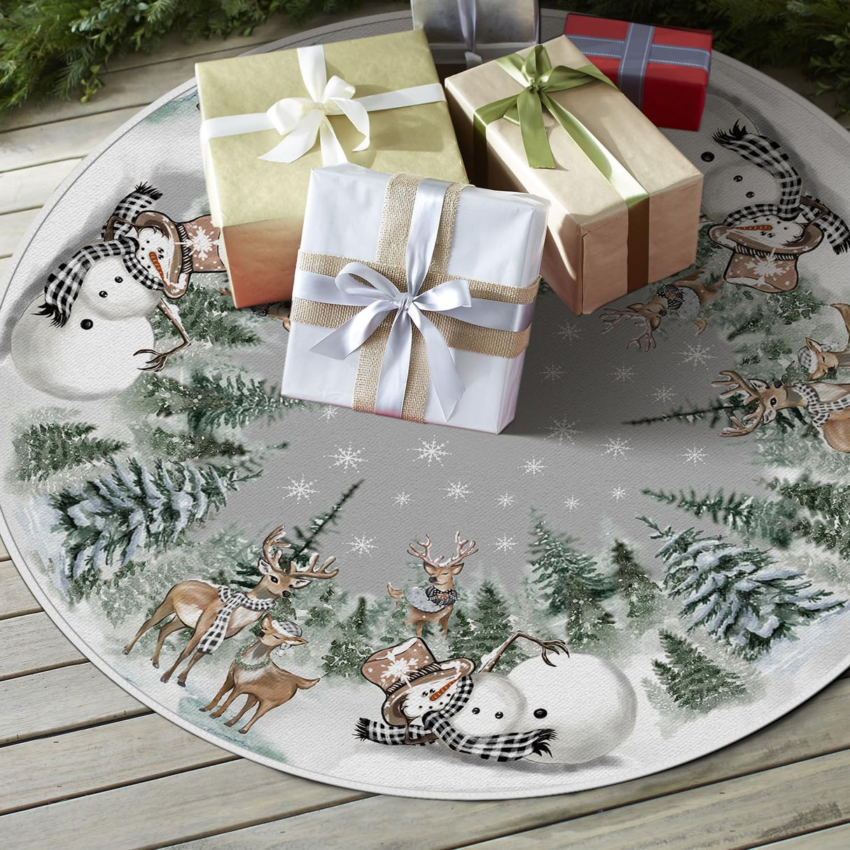 AVOIN colorlife Snowman Reindeer Snowflake Christmas Tree Skirt 36 Inch, Winter Holiday Tree Mat Decoration AVOIN colorlife