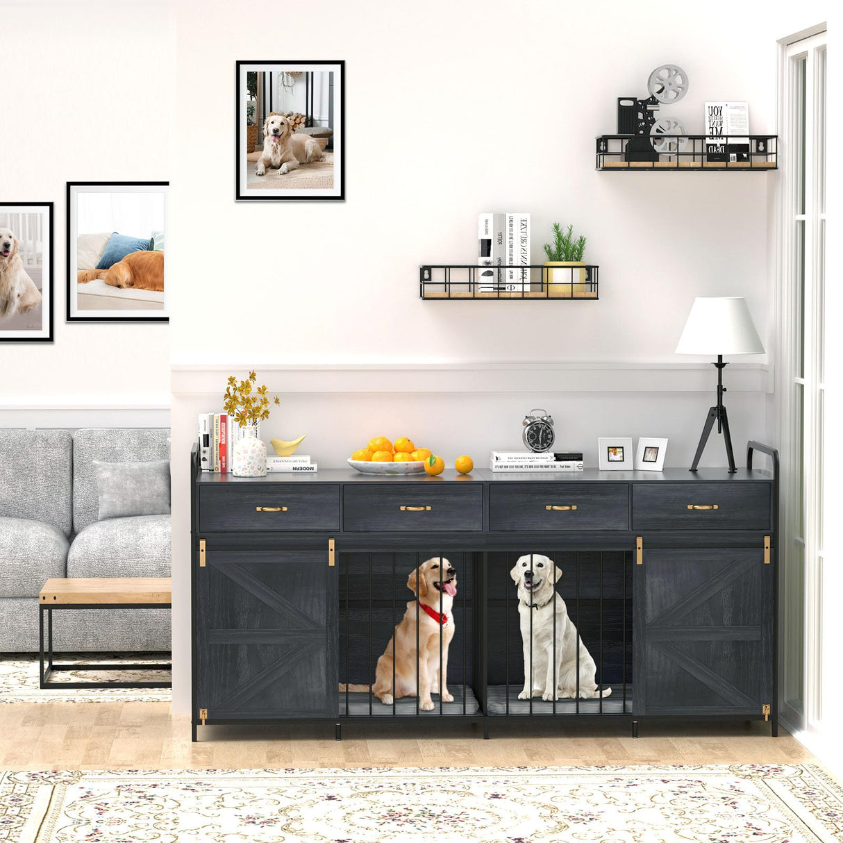 78.7 Inch Large Dog Crate Furniture for 2 Dogs Extra Large Dog Kennel Heavy Duty Wood Dog Crate Double Dog Crates Furniture TV Stand (Black) QJZLXKYT