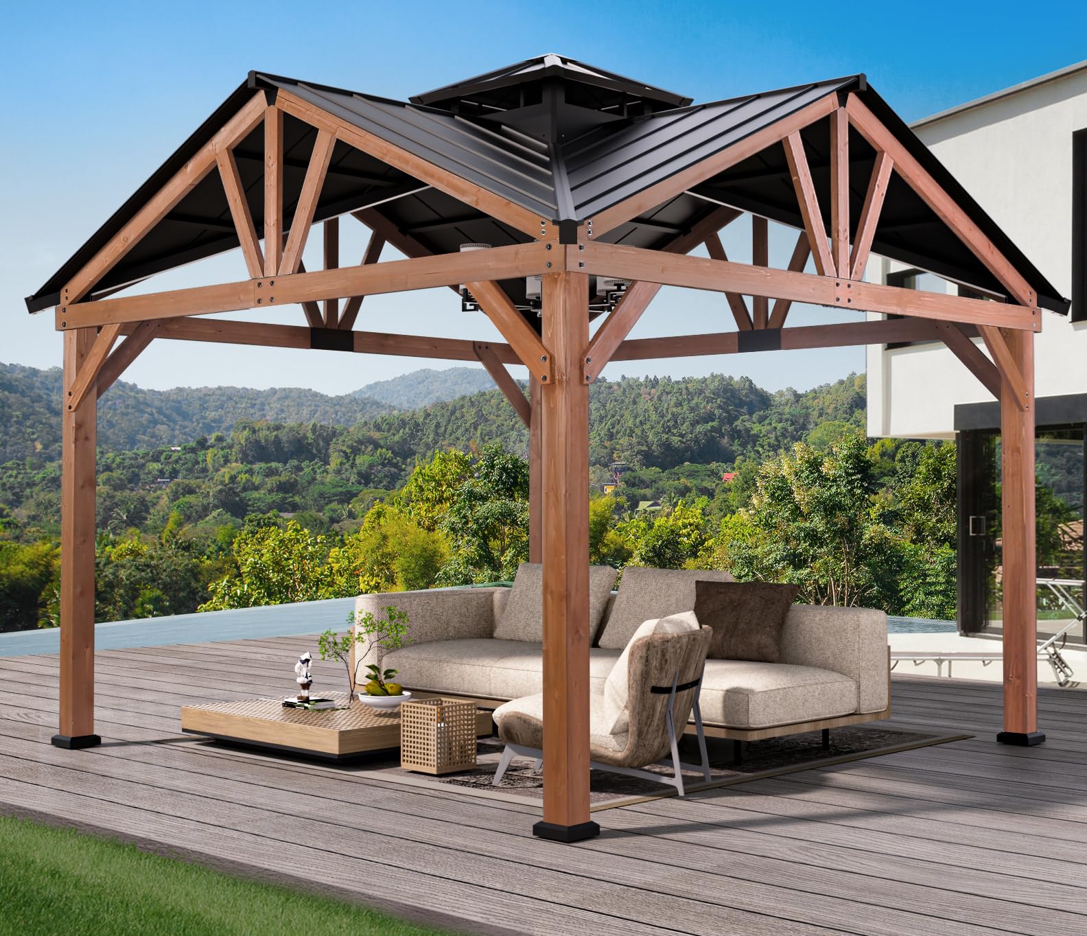 Modern Shade Wood Gazebo 12’x12’, Heavy Duty Hardtop Gazebo with Steel Roof, Water Resistant, Wind Resistant, Perfect for Your Permanent Outdoor Pavilion, Solid Wood Framed Gazebo, Cedar Gaze - WoodArtSupply