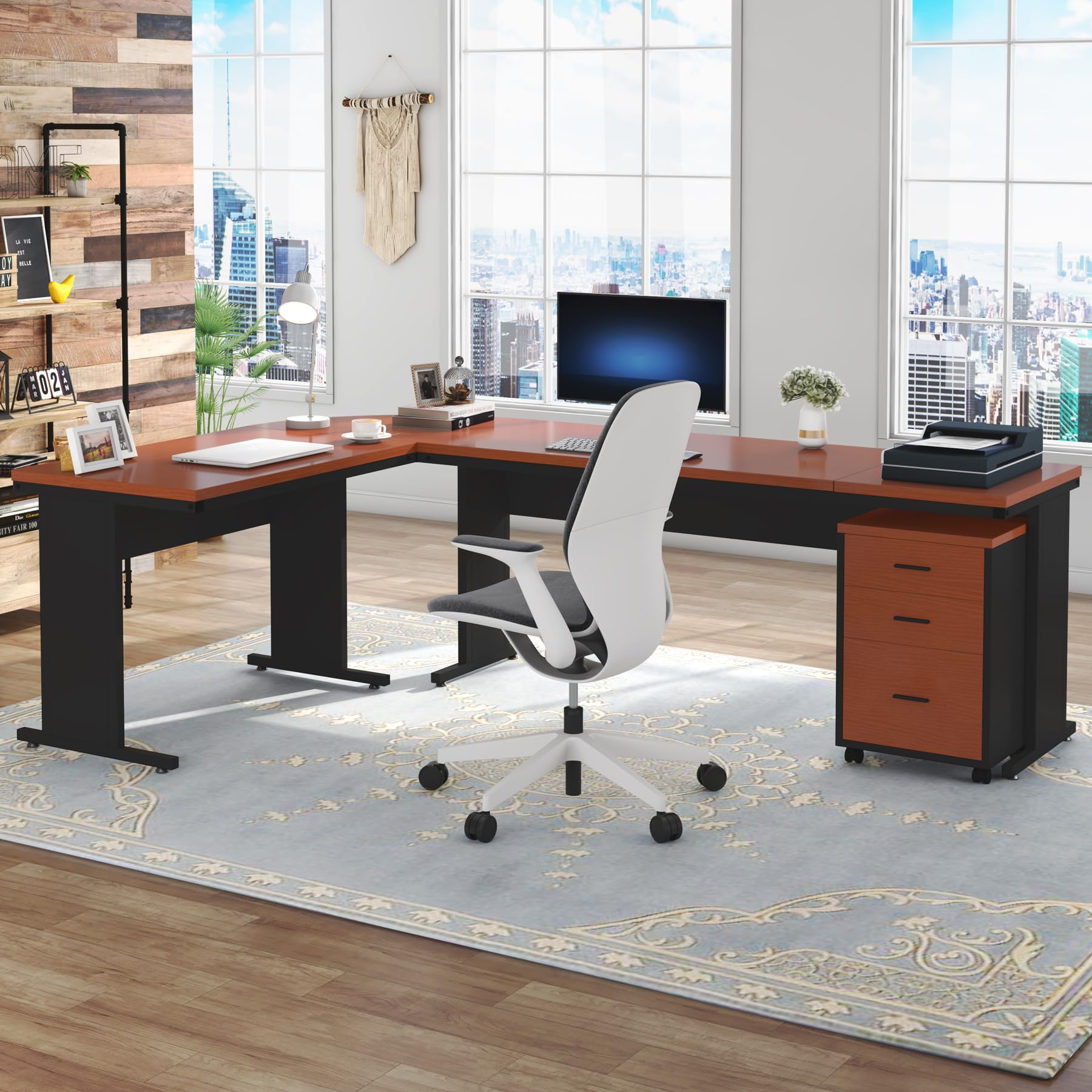 Tribesigns L-Shaped Executive Desk, Large Office Desk with 3-Drawer File Cabinet, Industrial Corner Computer Desk with Drawers, Business Furniture Desk Workstation for Home Office (Dark Walnu - WoodArtSupply