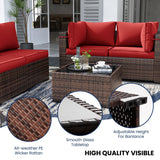 UDPATIO Patio Furniture Sets with Fire Pit Table, Modular Rattan Outdoor Conversation Patio Sectional Furniture Sofa Set for Backyard, Deck w/Coffee Table, 8PC Brown/Red (Include Sofa Cover) UDPATIO