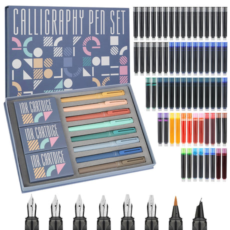 GC QUILL Calligraphy Pen Set 74pcs- 8 Calligraphy Fountain Pens with Varied Nibs, 66 Ink Cartridges(14 Colors)-Writing, Drawing, Calligraphy Practice for Beginner GC-F866 GC QUILL